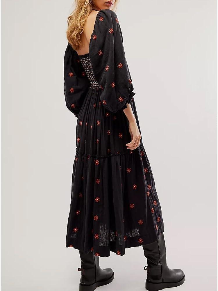 Bohemian Puff Sleeve Floral Dress