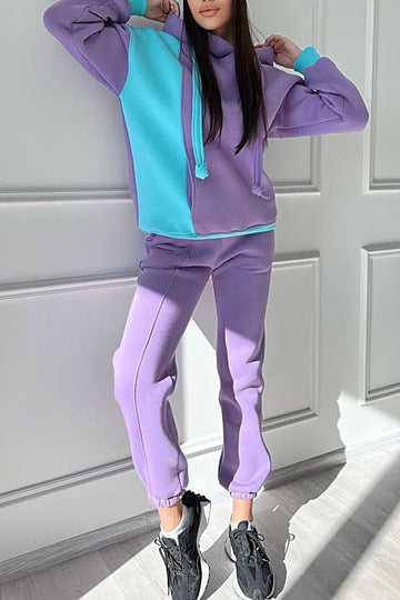 Women's Contrast Color Hooded Top & Pants Two-piece Set