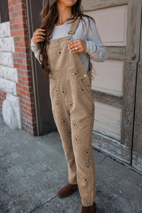 Khaki Flower Print Corduroy Overalls