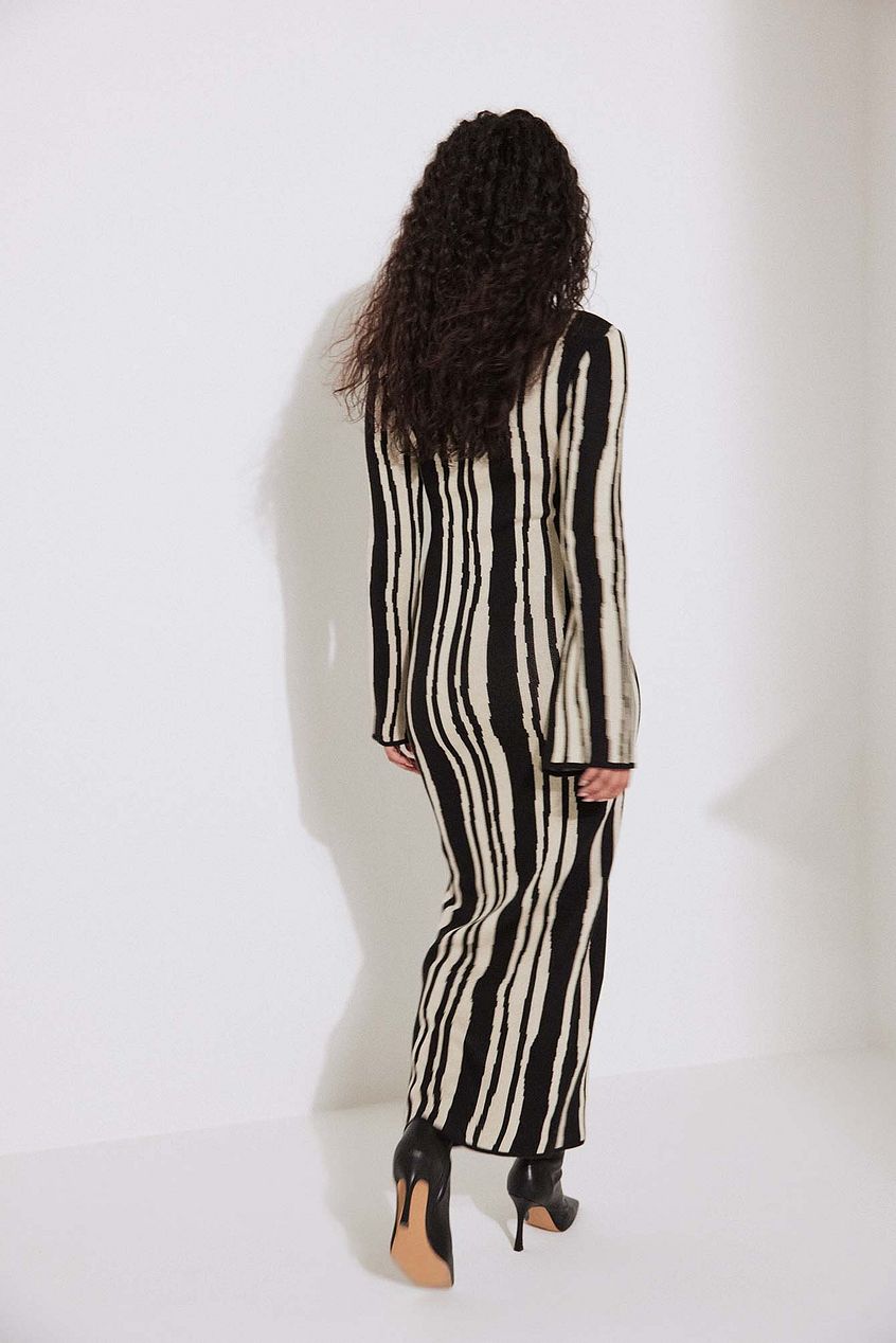 Knitted black and white striped long-sleeved dress