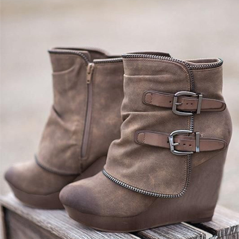 Women’s Fashion Buckle Strap Wedge Heel Ankle Booties