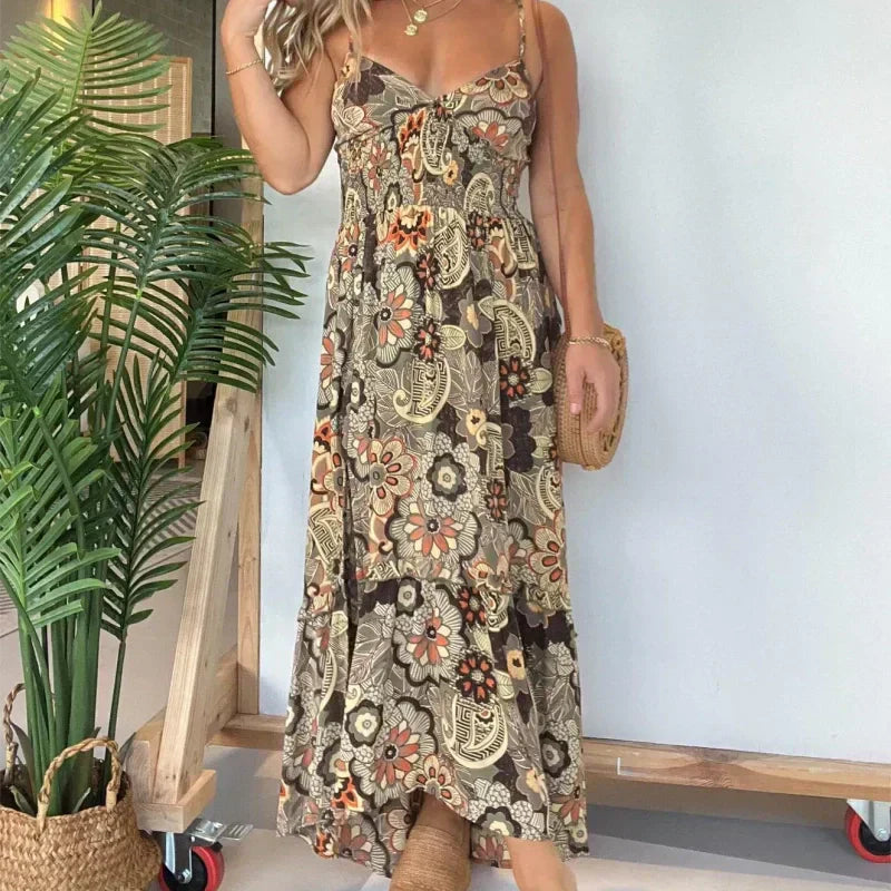 Women’s Sexy Spaghetti Strap Floral Print Long Dress