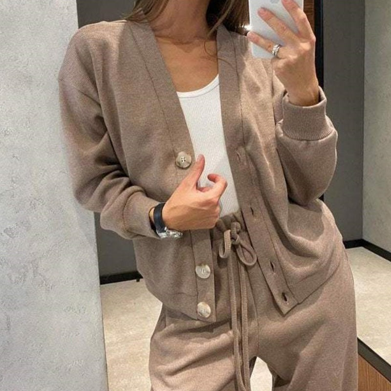 Women's Knitted Buttoned Jacket and Pants Two-piece Set