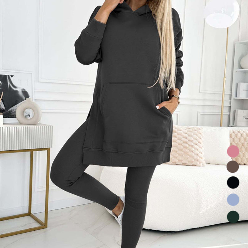 Women's Fashion Solid Color Hoodie And Lined Leggings Two-Piece Set