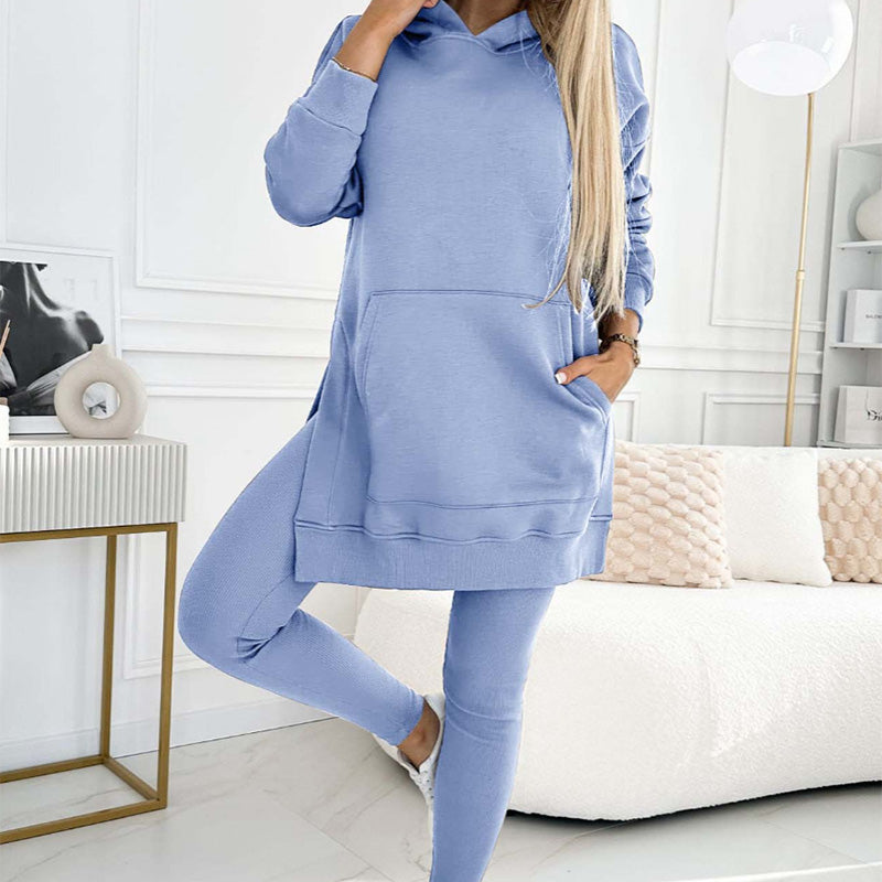 Women's Fashion Solid Color Hoodie And Lined Leggings Two-Piece Set