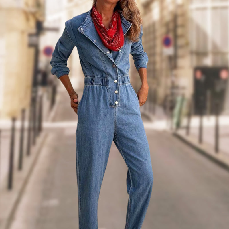 Women's Casual Denim Jumpsuit with Elastic Waist