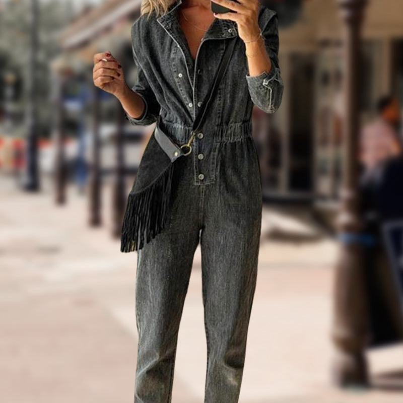 Women's Casual Denim Jumpsuit with Elastic Waist