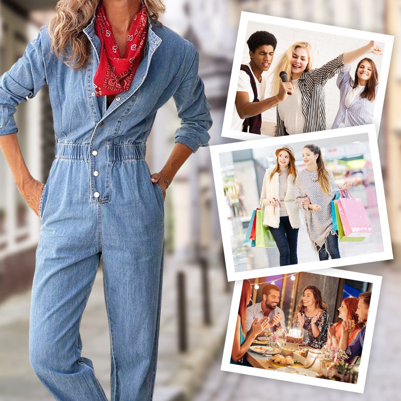 Women's Casual Denim Jumpsuit with Elastic Waist