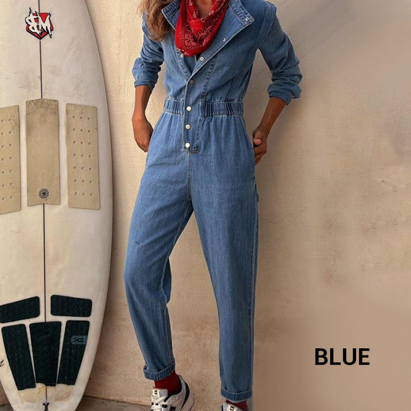 Women's Casual Denim Jumpsuit with Elastic Waist