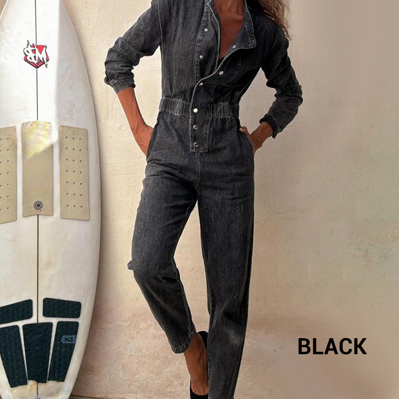 Women's Casual Denim Jumpsuit with Elastic Waist