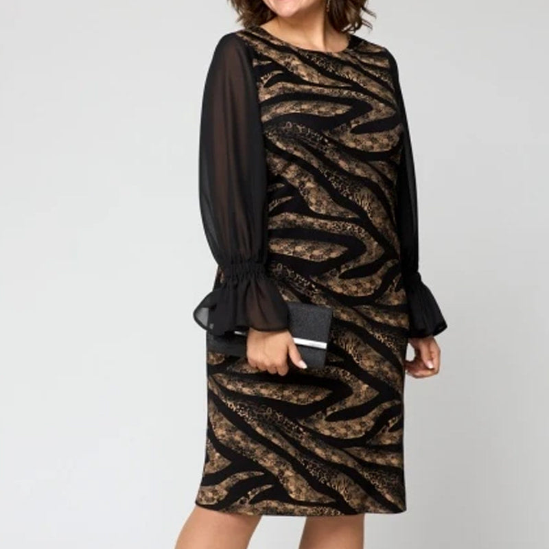 Women's Mesh Long Sleeve Round-Neck Printed Dress