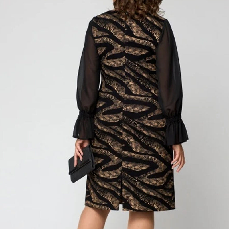 Women's Mesh Long Sleeve Round-Neck Printed Dress