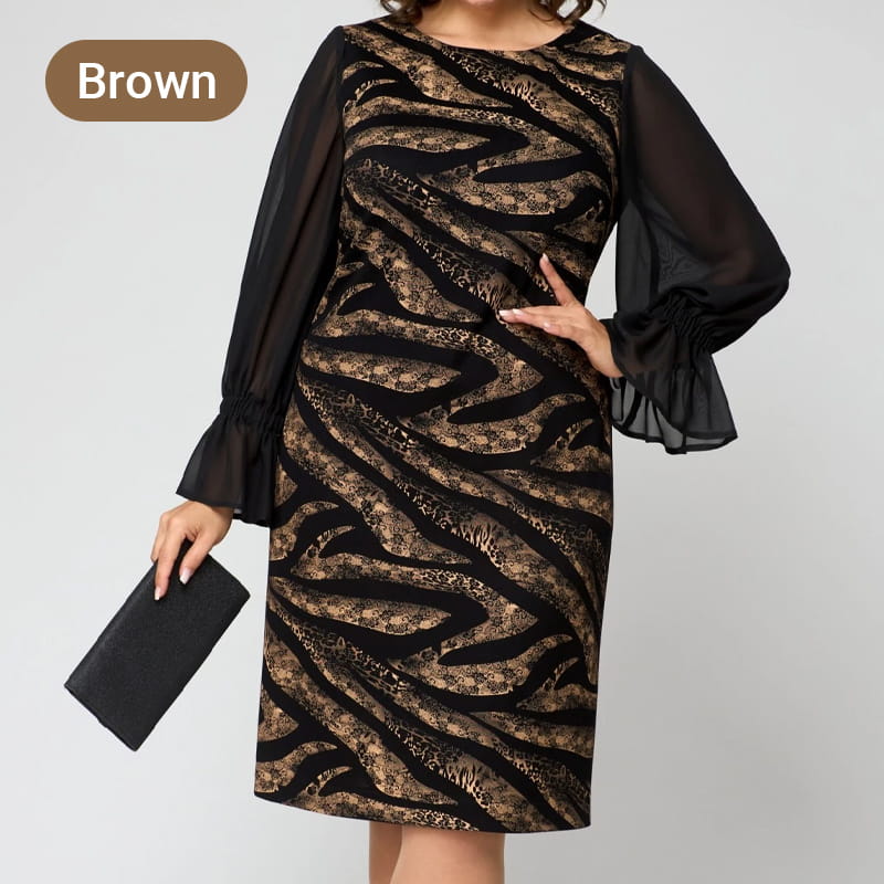 Women's Mesh Long Sleeve Round-Neck Printed Dress