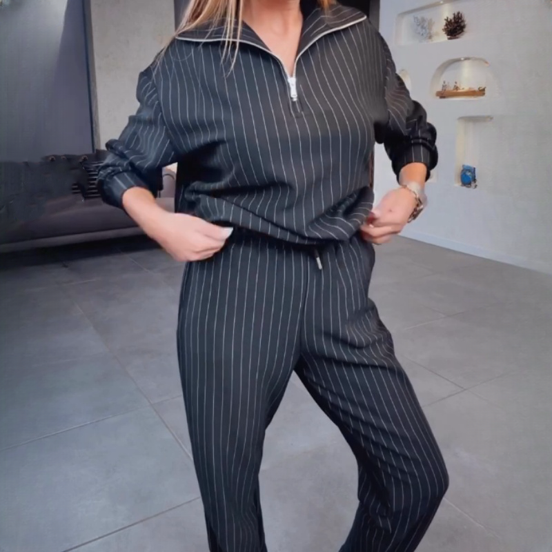 Women’s Half-Zip Striped Tops ＆ Pants Two-Piece Set