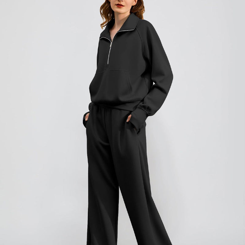 Women’s High-Neck Zip-Up Pullover and Wide-Leg Pants Set