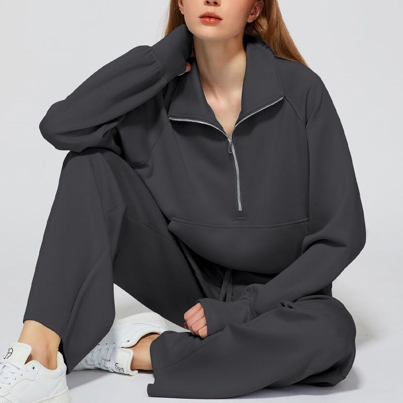 Women’s High-Neck Zip-Up Pullover and Wide-Leg Pants Set