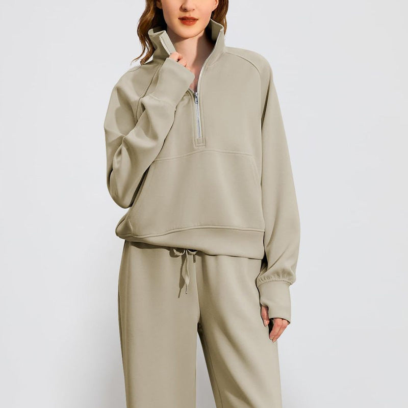 Women’s High-Neck Zip-Up Pullover and Wide-Leg Pants Set