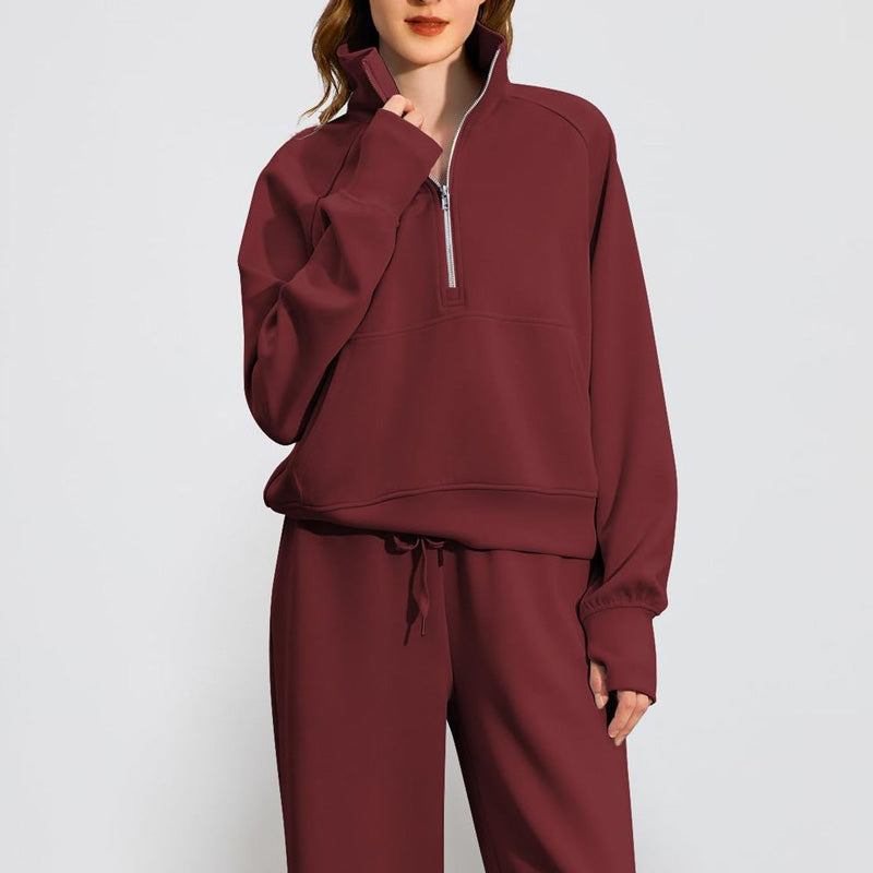 Women’s High-Neck Zip-Up Pullover and Wide-Leg Pants Set