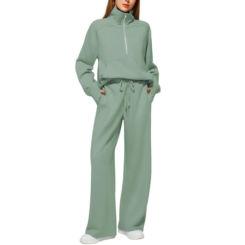 Women’s High-Neck Zip-Up Pullover and Wide-Leg Pants Set