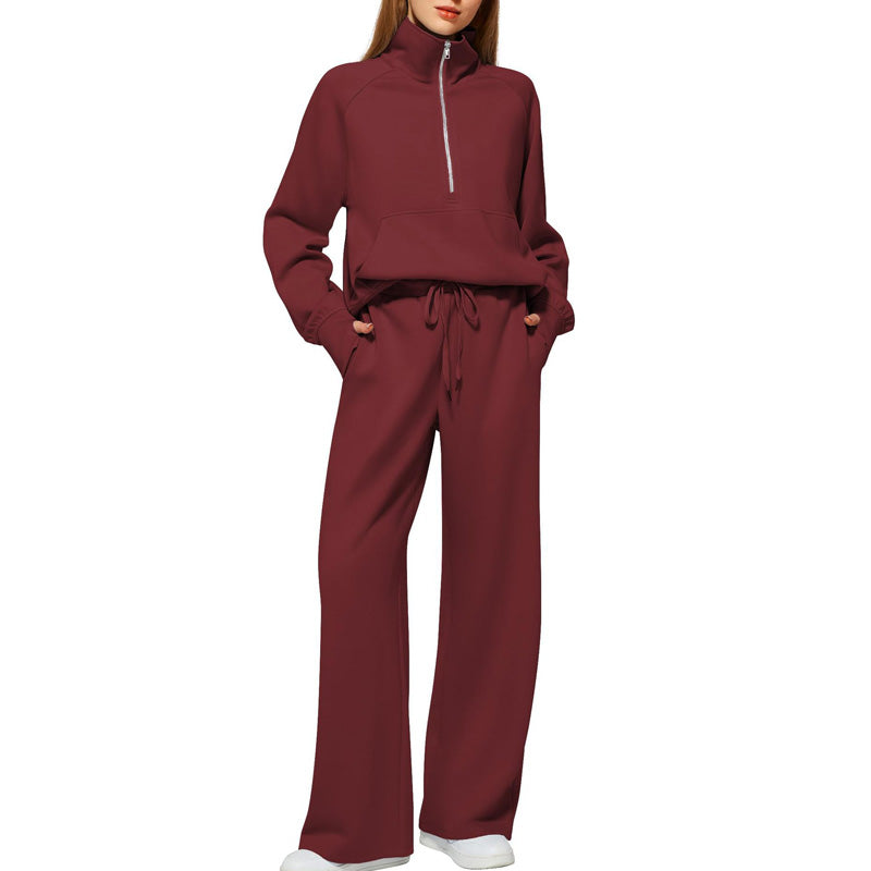 Women’s High-Neck Zip-Up Pullover and Wide-Leg Pants Set