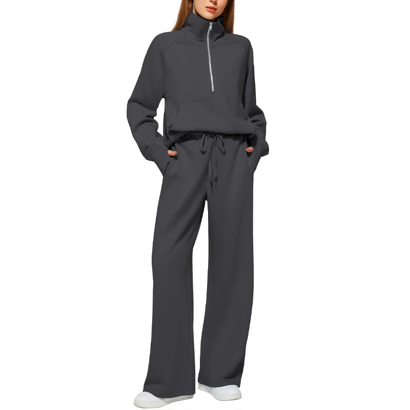 Women’s High-Neck Zip-Up Pullover and Wide-Leg Pants Set