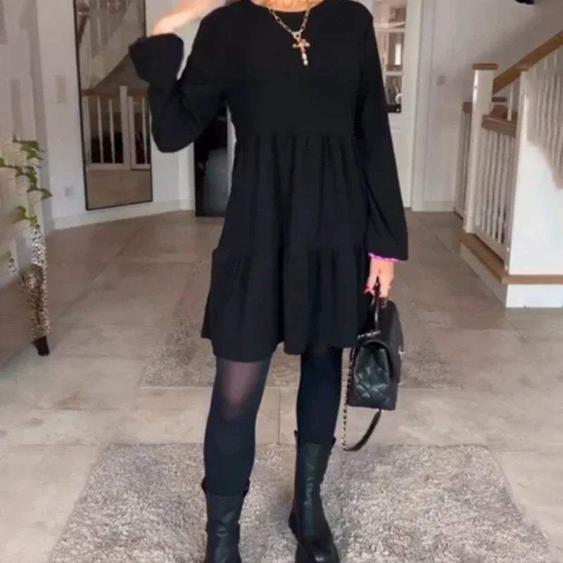 Solid Color Round Neck Long Sleeve Dress