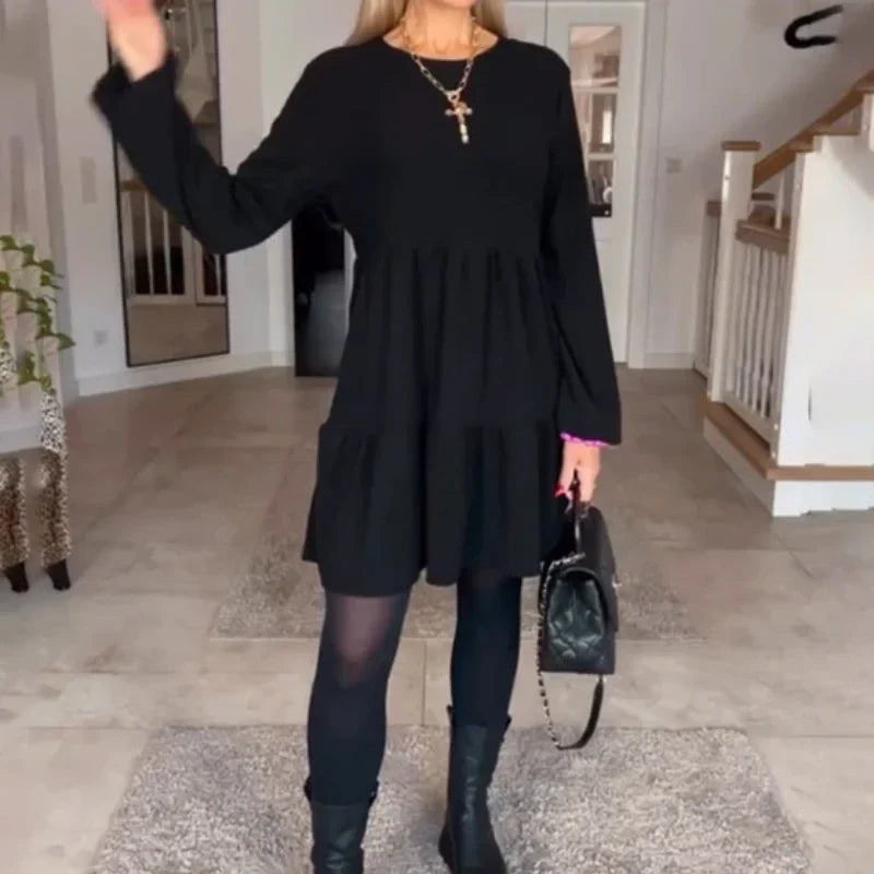 Solid Color Round Neck Long Sleeve Dress