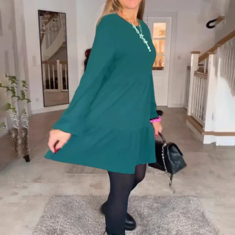 Solid Color Round Neck Long Sleeve Dress