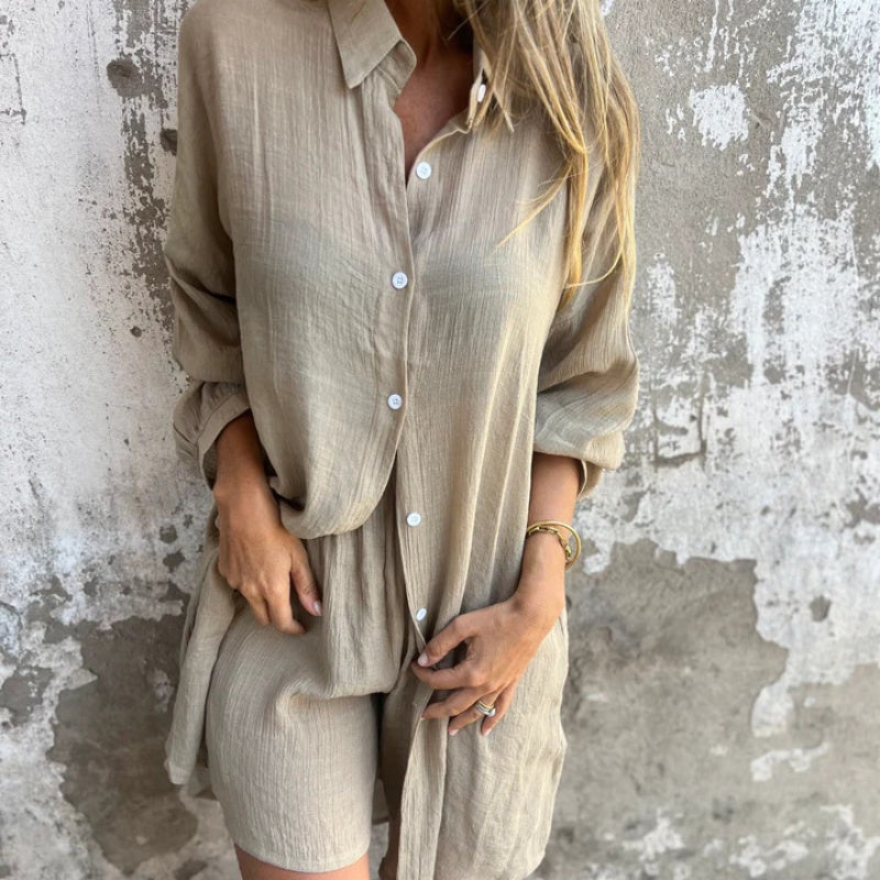 Women's Casual Long Sleeve Shirt & Shorts Two-Piece Set