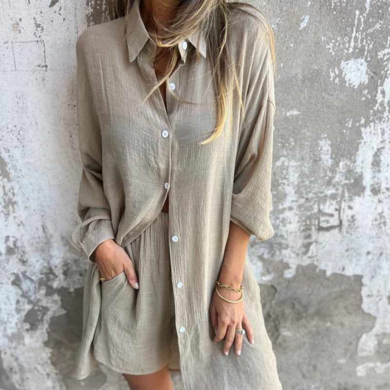 Women's Casual Long Sleeve Shirt & Shorts Two-Piece Set