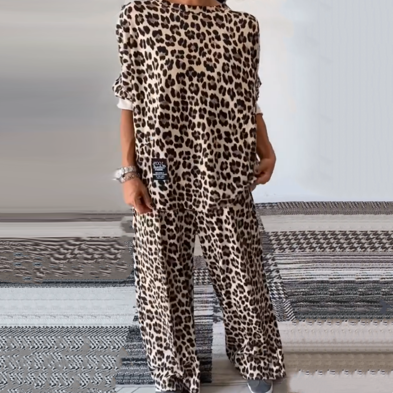 Round-Neck Leopard Print Tops ＆ Pants Two-Piece Set