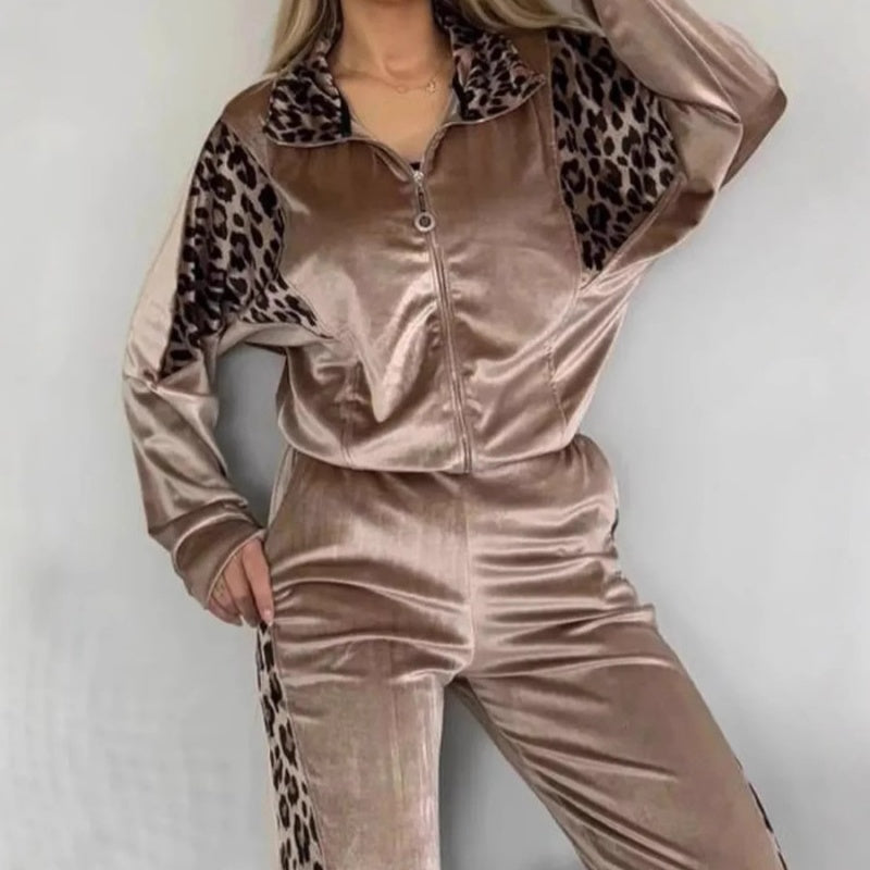 Women's Fashion Leopard Print Zipper Top＆Drawstring Pants (2-Piece Set)