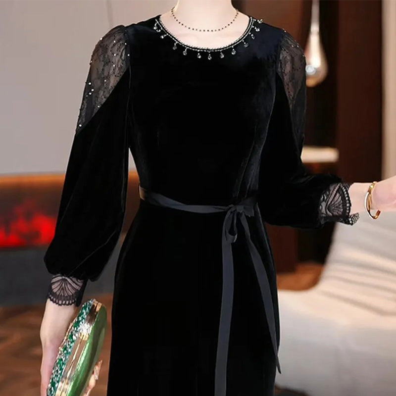 Women's Elegant Lace Patchwork Velvet Dress