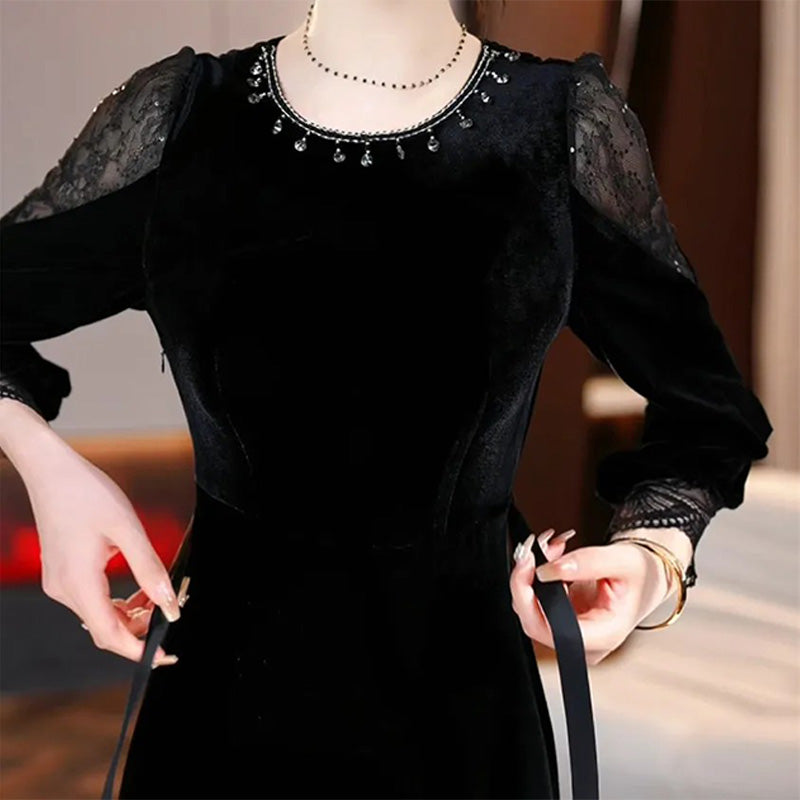 Women's Elegant Lace Patchwork Velvet Dress