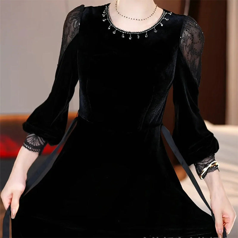 Women's Elegant Lace Patchwork Velvet Dress