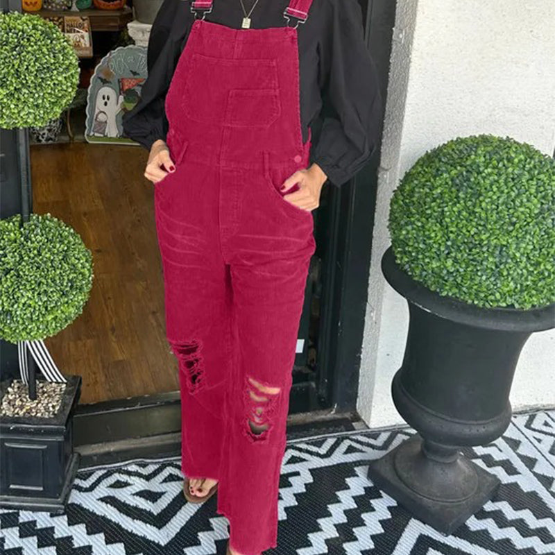 Women's Fashion Corduroy Holey Overalls