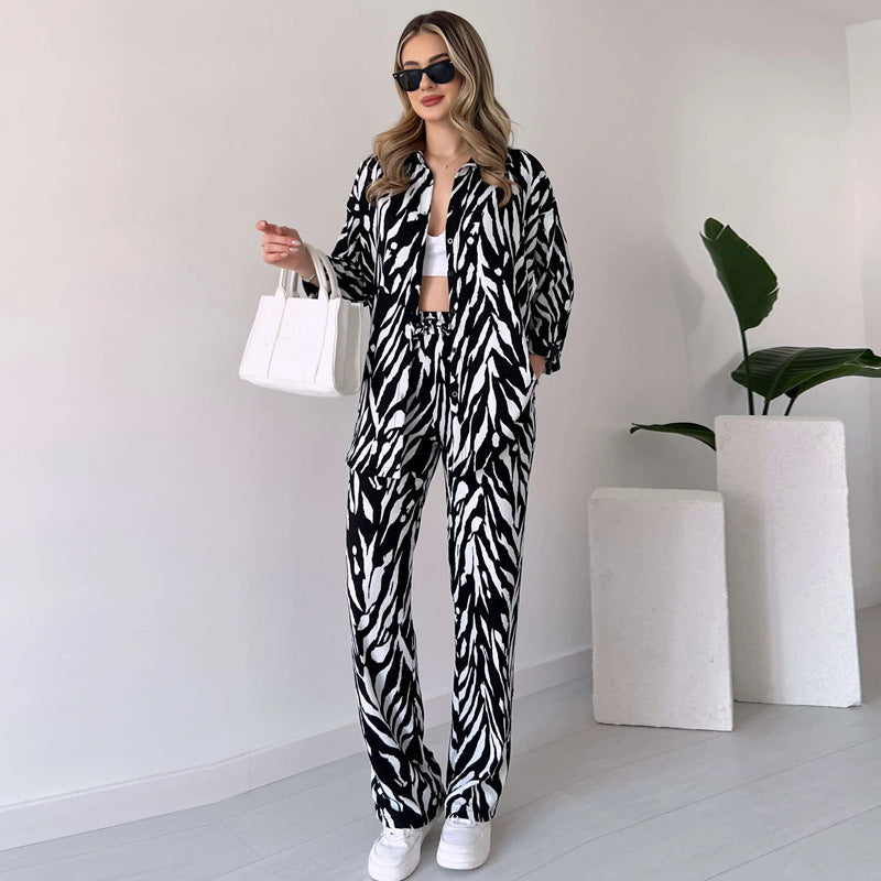 Chic Women's Zebra Print Shirt & Pants Set