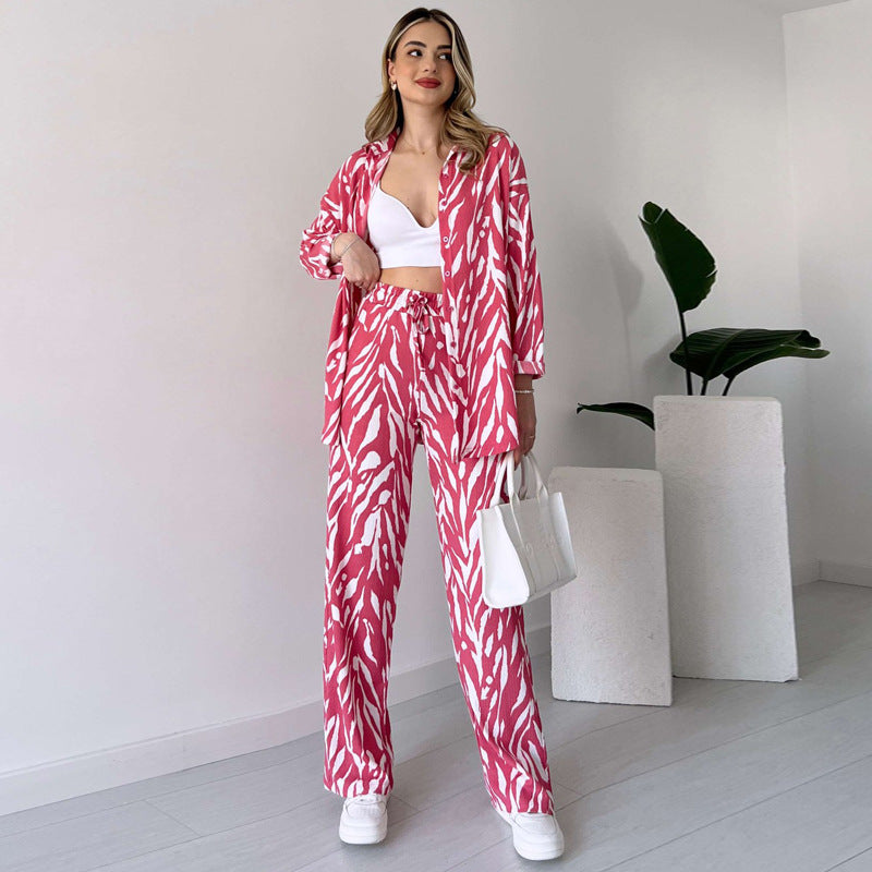 Chic Women's Zebra Print Shirt & Pants Set