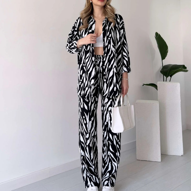 Chic Women's Zebra Print Shirt & Pants Set