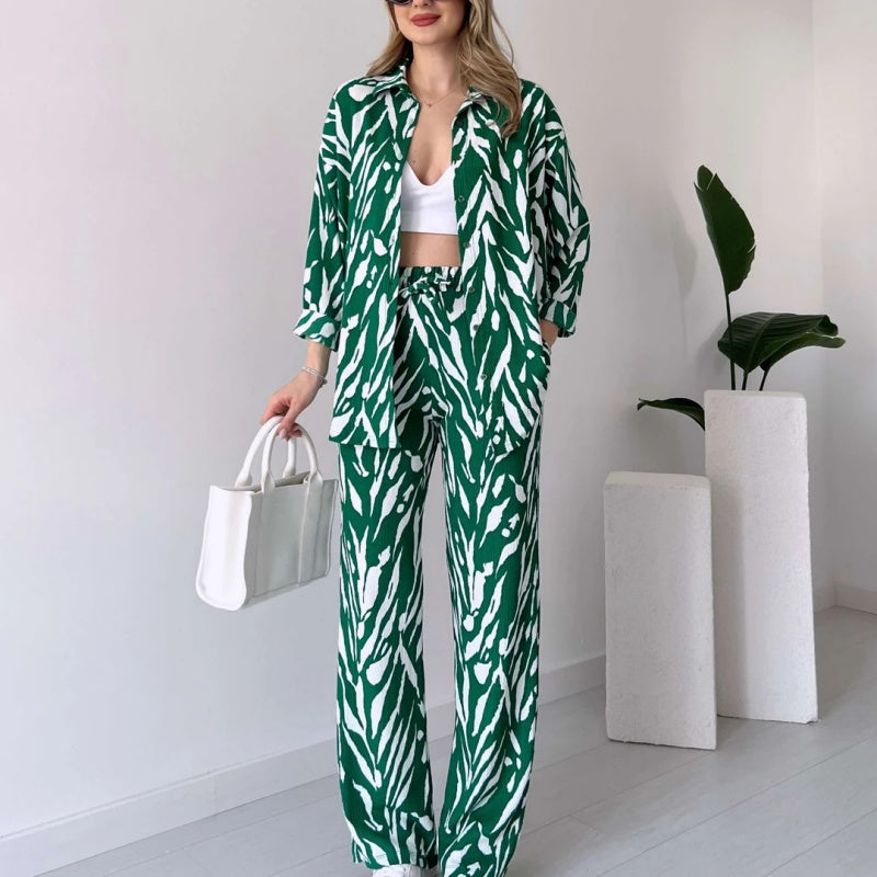 Chic Women's Zebra Print Shirt & Pants Set