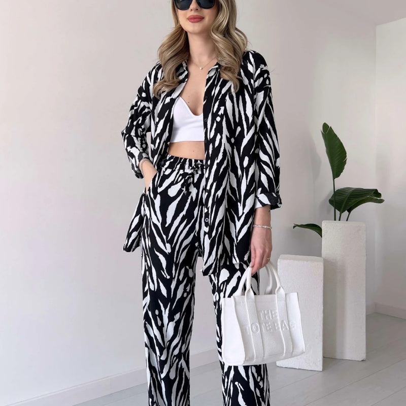 Chic Women's Zebra Print Shirt & Pants Set