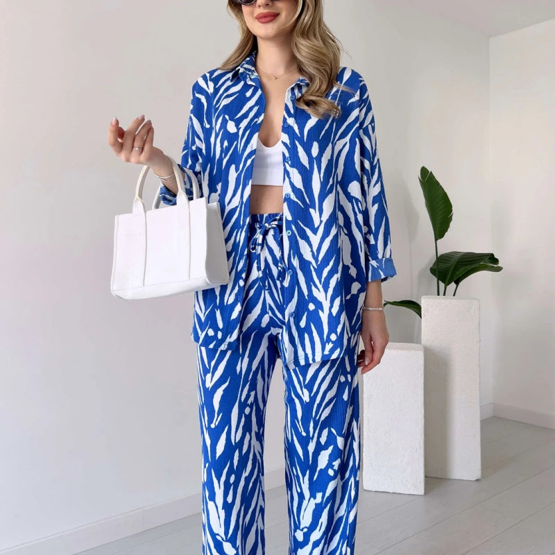 Chic Women's Zebra Print Shirt & Pants Set