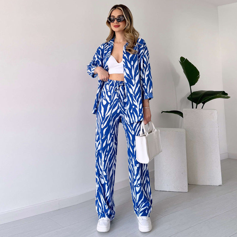 Chic Women's Zebra Print Shirt & Pants Set