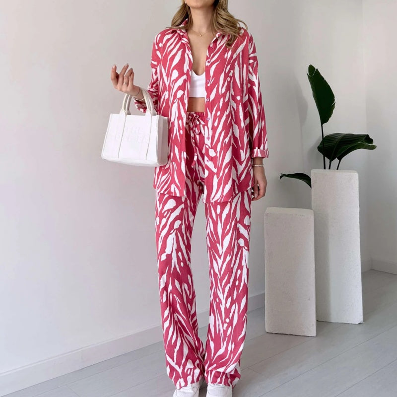 Chic Women's Zebra Print Shirt & Pants Set