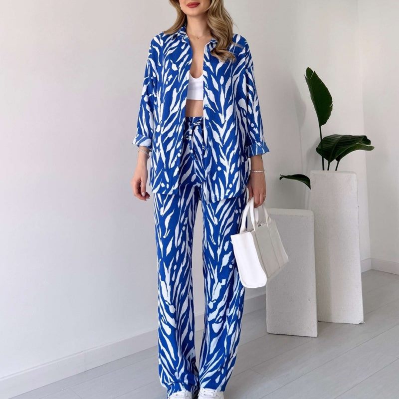 Chic Women's Zebra Print Shirt & Pants Set