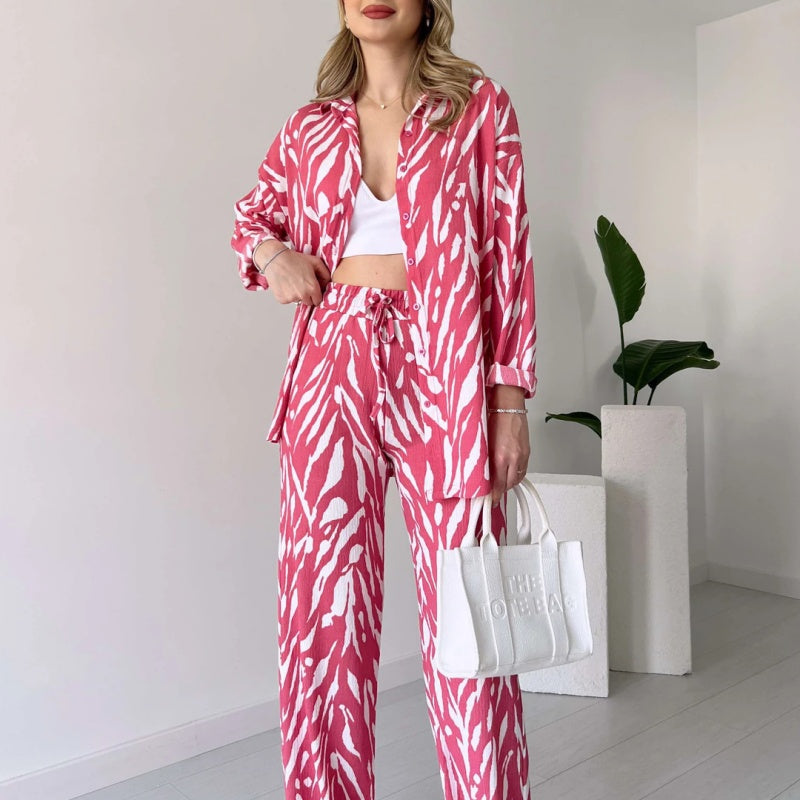 Chic Women's Zebra Print Shirt & Pants Set