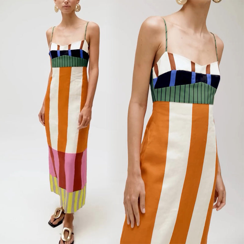 Women's Spaghetti Strap Color Block Striped Dress