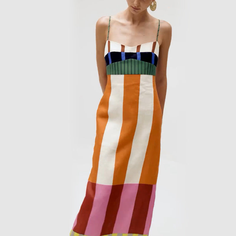 Women's Spaghetti Strap Color Block Striped Dress