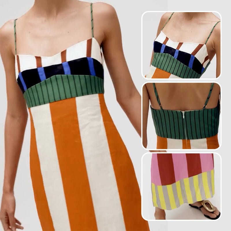 Women's Spaghetti Strap Color Block Striped Dress