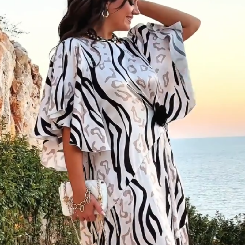 Elegant Printed Round Neck Flowy Dress